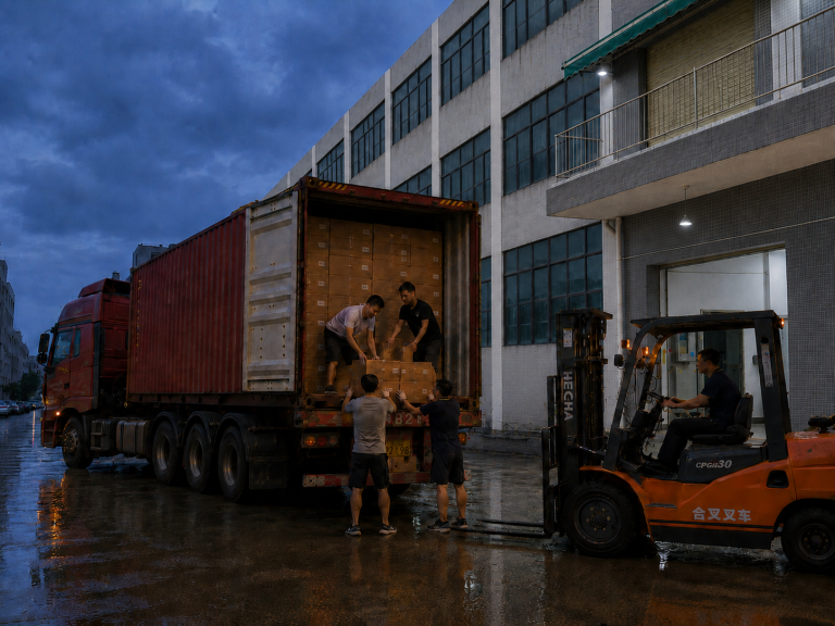 广州定制雨伞装柜叉车配合，雨伞工厂出口发货现场