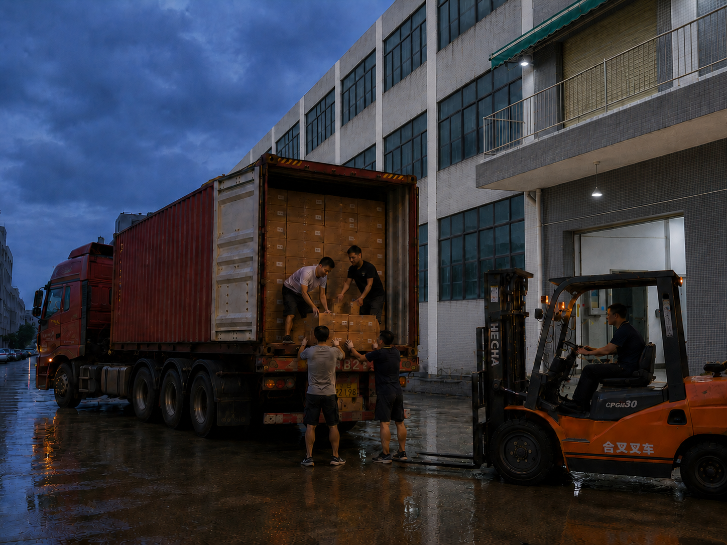 广州定制雨伞装柜叉车配合，雨伞工厂出口发货现场