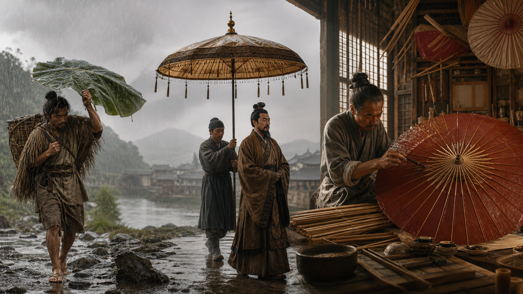 从树叶遮雨、古代伞盖到油纸伞制作的雨伞演变AI辅助示意图
