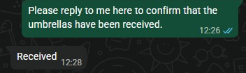 中国对接人回复Received，确认收到雨伞的聊天节选