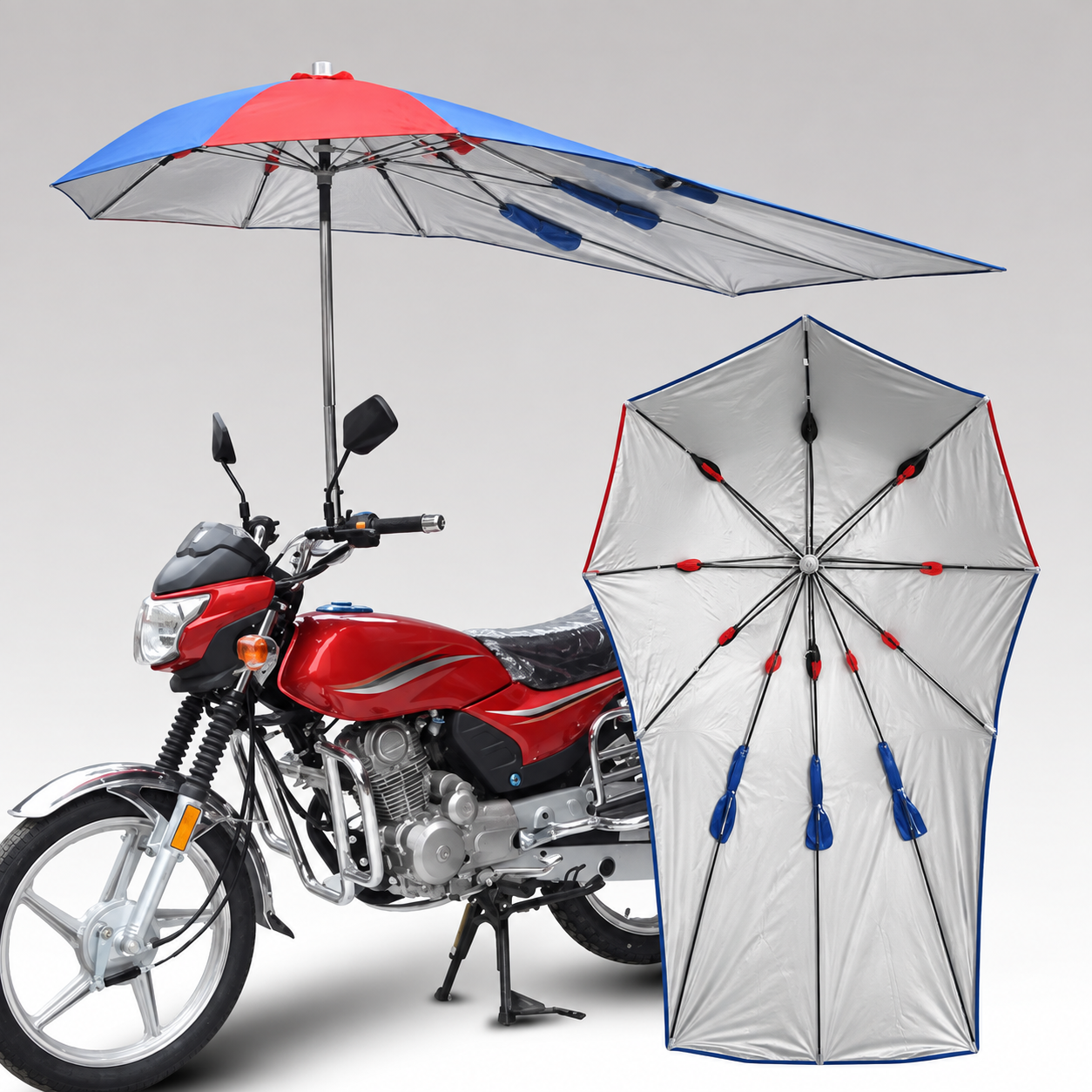 特殊用途雨伞：摩托车晴雨伞安装参考及伞面结构展示