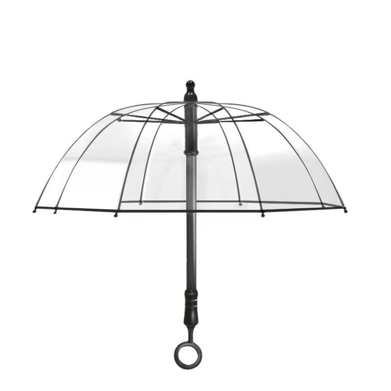 喷水枪雨伞产品外观:透明伞面、黑色伞架与环形手柄