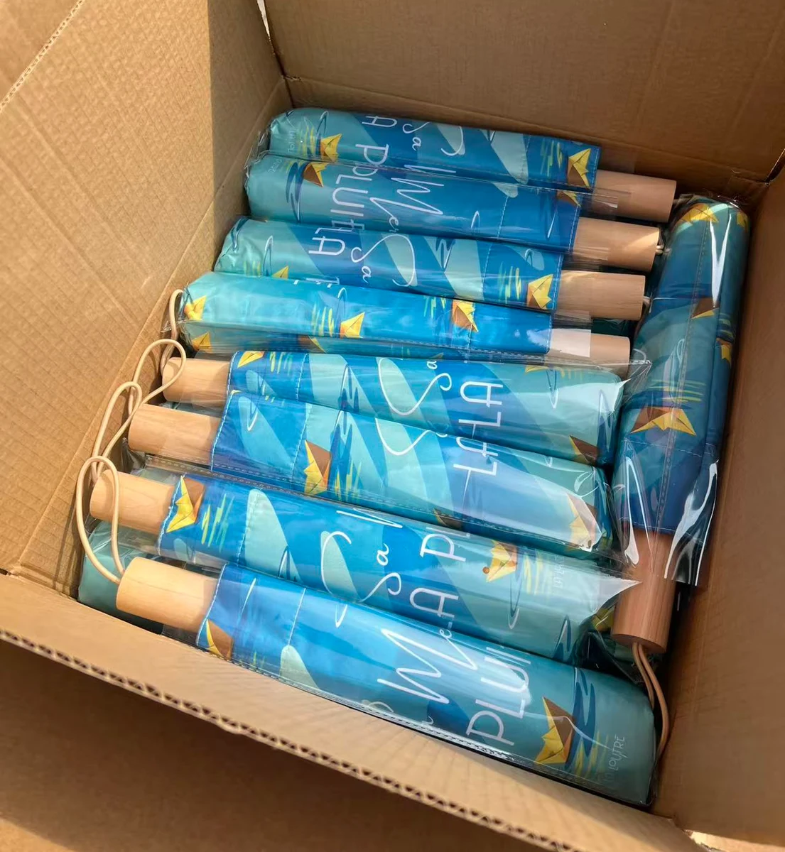 纸箱内装有独立塑料袋包装的蓝色印花折叠雨伞