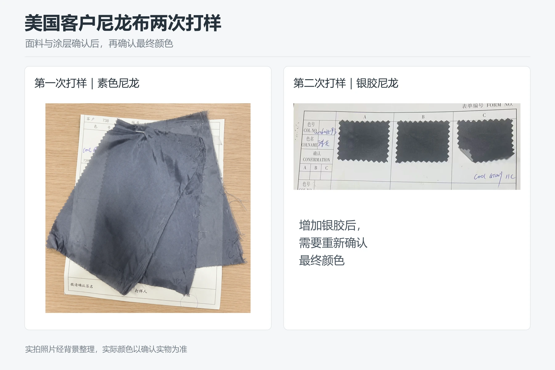 美国客户尼龙布两次打样对照,左为第一次素色尼龙布样,右为第二次银胶尼龙A、B、C布样卡